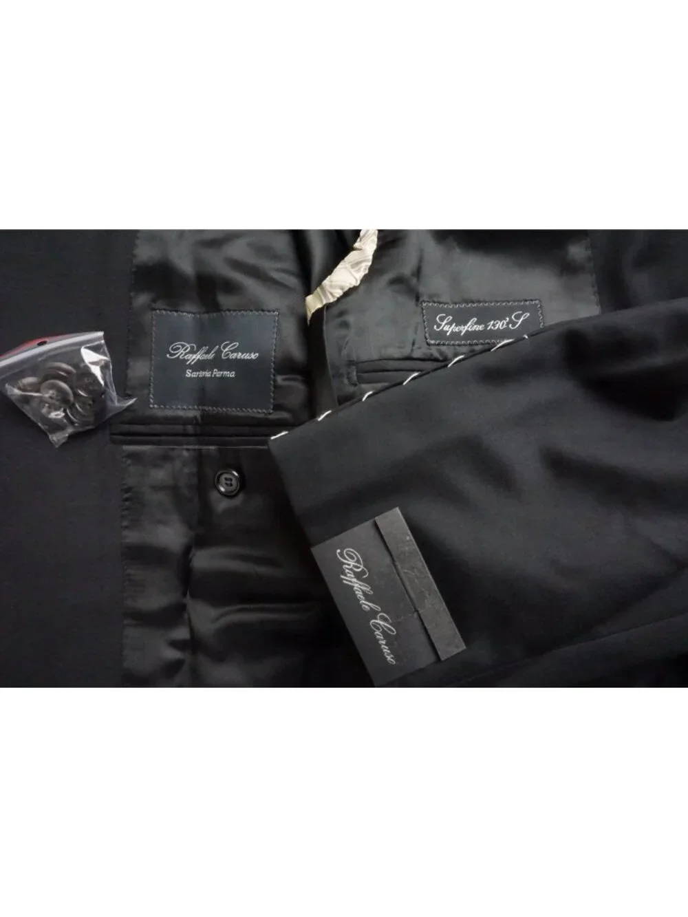 Raffaele Caruso Solid Black S130s Wool 2 Pc Suit Jacket Pant 46EU 36 US NEW